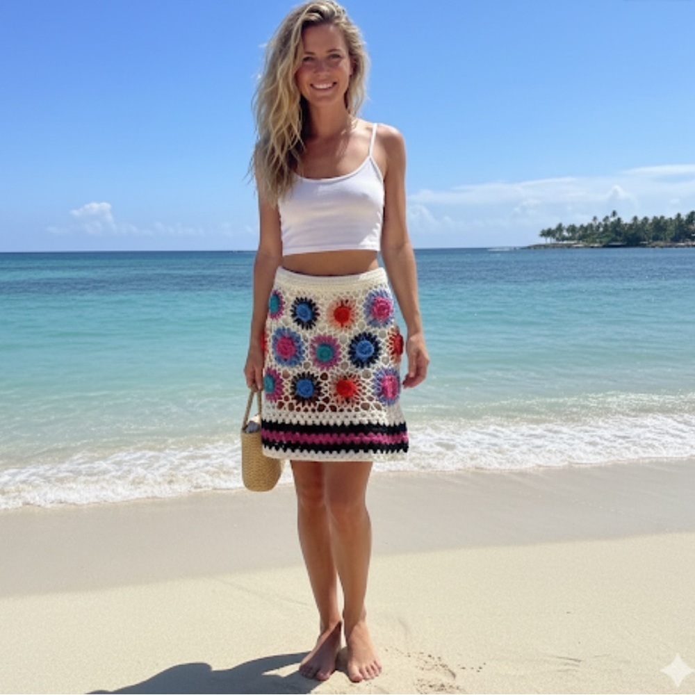 Ish The Label Boho Crocheted Mini Skirt/ Bathing Suit Cover Up SZ M/L